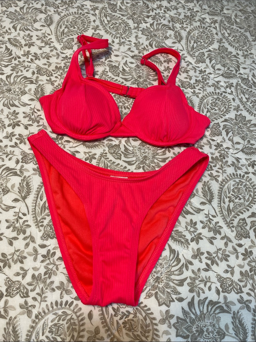 Xhilaration Bright Coral or Hot Pink color Ribbed Bikini Bottoms and Top
